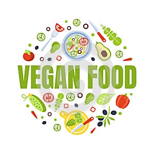 Vegan Food Banner Template with Organic Healthy Fresh Products for Cooking Pattern of Round Shape Vector Illustration