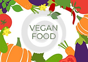 Vegan food banner. Vegetables sketch menu frame. Hand drawn vector design template. Organic healthy market. Fresh tomato, eggplant