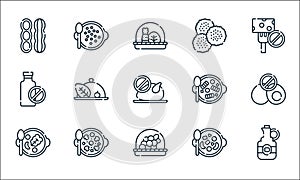 vegan food line icons. linear set. quality vector line set such as olive oil, grapes, vegetable, fruit salad, mushroom, no milk,