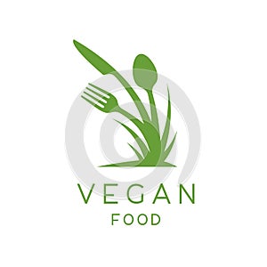 Vegan food logo of plant, fork, knife and spoon icon.