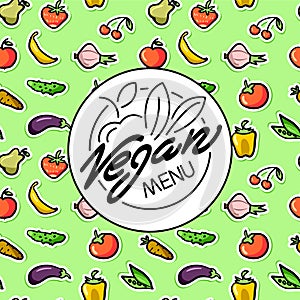 Vegan food menu restaurant advertisement, logo on seamless veget