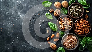 vegan food nuts almonds gray background