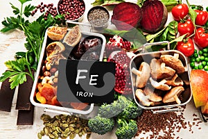 Vegan food rich of iron. Healthy eating. Vegetables, fruits and nuts