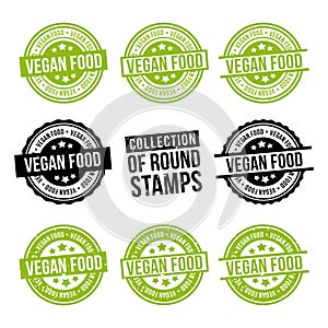 Vegan Food round stamp collection. Badges set. Eps10 vector