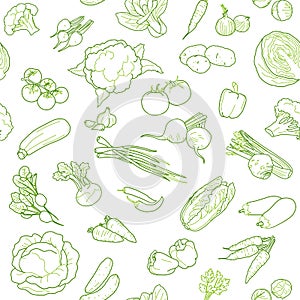 Vegan food seamless pattern design template, sketched style. Vector