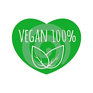 Vegan food sign with leaves in heart shape design. 100% vegan vector logo. Eco green logo. Raw, healthy food badge
