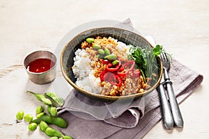 Vegan food. Soy meat, white rice, beans, red pepper on light wooden background