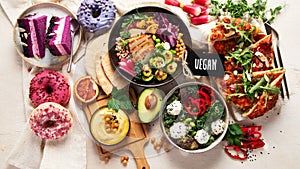 Vegan food on wooden background. Healthy and tasty brunch