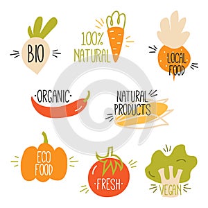 Vegan, fresh, bio, eco, organic and healthy logos and badges, labels, tags, badges. Hand drawn vector set of vegetables