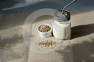 Vegan fresh milk from hemp seeds in a glass jar, clean eating, non-dairy milk. Backround from linen