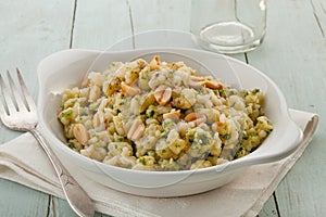 Vegan gnocchi casserole on wooden background