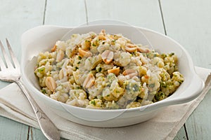 Vegan gnocchi casserole on wooden background