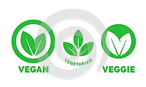 Vegan label vector vegetarian food green leaf icon photo