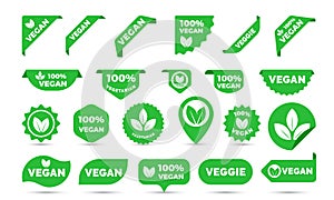 Vegan green stickers set for vegan product shop tags, labels or banners and posters. Vector vegan sticker icons templates set