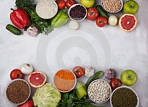 Vegan health food concept for a high fibre diet with fruit, vegetables, cereals, grains, legumes ,herbs. Foods high in