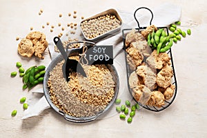 Vegan healthy food. Soy meat with beans on white background