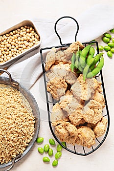 Vegan healthy food. Soy meat with beans on white background