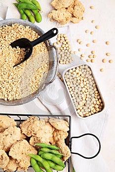 Vegan healthy food. Soy meat with beans on white background