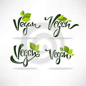 Vegan, healthy and organic, green glossy leaves and lettering composition for your labels, logo, emblems design template