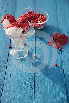 Vegan ice cream with fresh cranberry jam and berries in a glass plate on a blue background.