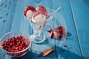 Vegan ice cream with fresh cranberry jam and berries in a glass plate on a blue wooden background.