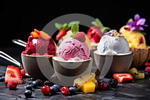 vegan ice cream scoops with fruit garnishes