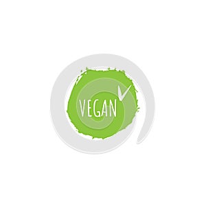 Vegan icon design. Green vegan friendly symbol. Vegan food sign with leaves in heart shape design. Vector illustration on ink spot