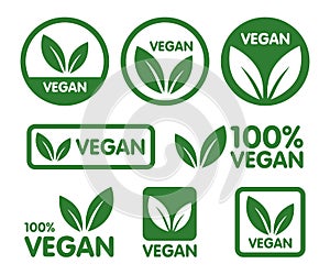 Vegan icon set. Bio, Ecology, Organic logos and icon, label, tag. Green leaf icon on white background.