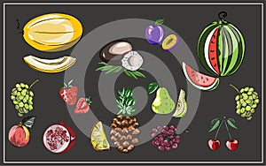 Vegan icon set with fruits and berries. Strawberries, cherries, plums, grapes, banana, watermelon, melon, peach, apple, pear, pine