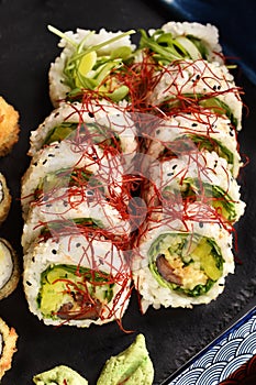 Vegan japanese sushi rolls with shiitake and vegetables