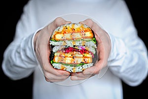 Vegan Japanese sushi sandwiches onigirazu with tofu and vegetables