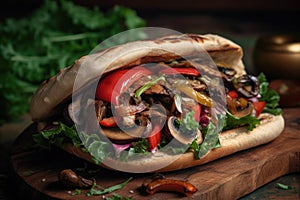 Vegan Kebab Featuring Variety Of Mushrooms Such As Portobello, Shiitake, And Oyster, Grilled With Onions And Peppers. Generative