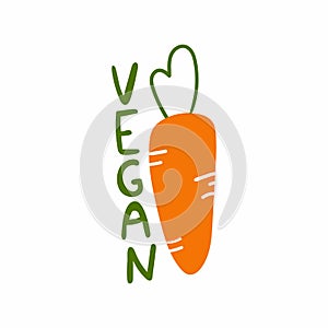 Vegan label. Carrot and green text organic vegetable food emblem, ecology product promotion healthy market, hand drawn cartoon