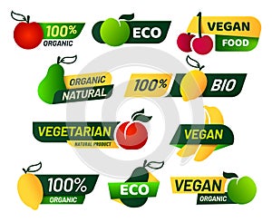 Vegan labels. Green eco food, healthy fresh organic products and vegetarian emblem label vector set