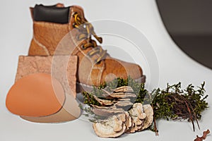 Vegan leather shoes from mushroom mycelium. samples of vegan bio leather, eco friendly concept