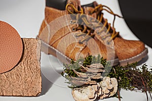 Vegan leather shoes from mushroom mycelium. samples of vegan bio leather, eco friendly concept