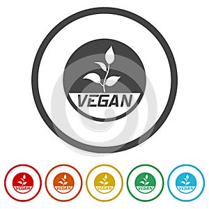 Vegan logo leaf label for veggie or vegetarian food isolated on white background, color set
