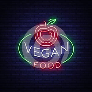 Vegan logo Neon sign, vegan symbol, bright luminous sign, neon night advertising on the theme Vegetarian food, healthy