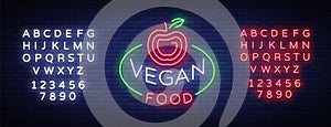 Vegan logo Neon sign, vegan symbol, bright luminous sign, neon night advertising on the theme Vegetarian food, healthy