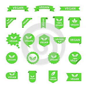 Vegan logos collection set, organic bio logos or signs. Raw, healthy food badges, tags set for cafe, restaurants