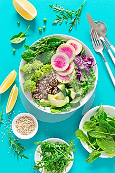 Vegan lunch bowl with quinoa, cucumber, green peas, radish, romanesco and red cabbage, avocado, spinach and arugula salad, healthy