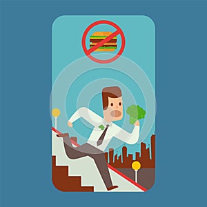 Vegan man cartoon character prefers broccoli over hamburger, healthy lifestyle vector illustration