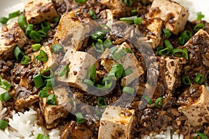 Vegan Mapo tofu with mushroom and rice. Asian, Chinese food