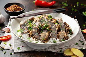 Vegan Mapo tofu with mushroom and rice. Asian, Chinese food