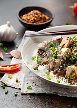 Vegan Mapo tofu with mushroom and rice. Asian, Chinese food