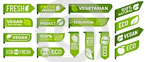 Vegan mark labels. Fresh vegetarian products, eco organic food and recommended healthy product sticker badges vector set