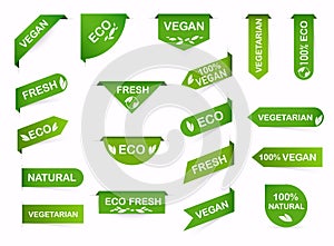 Vegan mark labels. Organic food labels. Fresh eco vegetarian products, vegan label and healthy foods badges