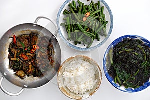 Vegan daily meal, fried string bean, eggplant cook with sauce, amaranth soup, rice bowl, simple Vietnamese vegetarian food for