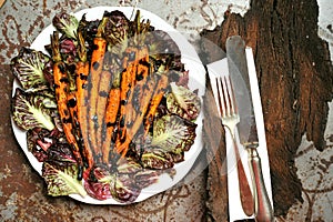 Vegan meal with grilled carrots and bitter salad photo
