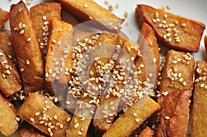 Vegan meal with seitan sticks as a substitute for meat